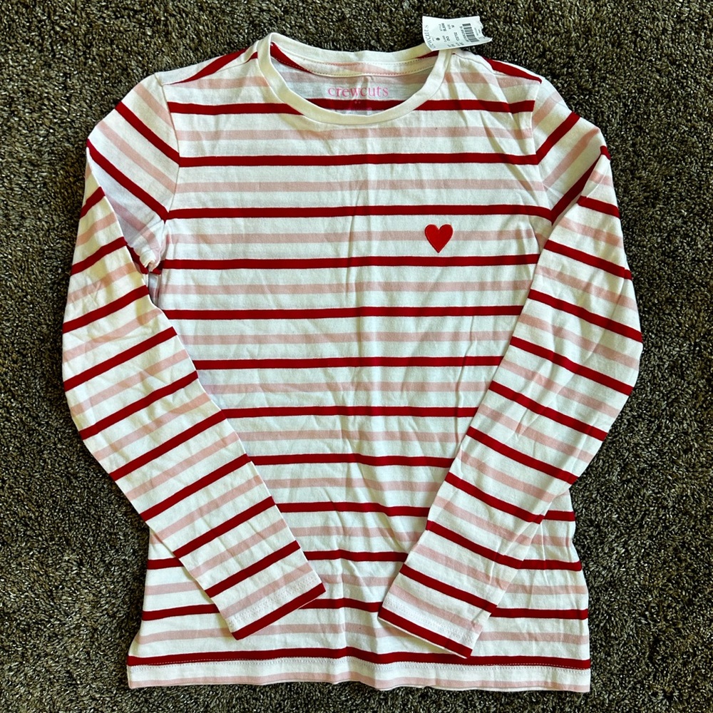 Red and White Striped Long Sleeve Tee with Embroidered Heart Size M (8/9)
